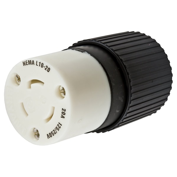 Locking Connector, L10-20R, 20 A, 125/250V AC, Single Phase, 3 Pole, Screw Terminals, Black, White